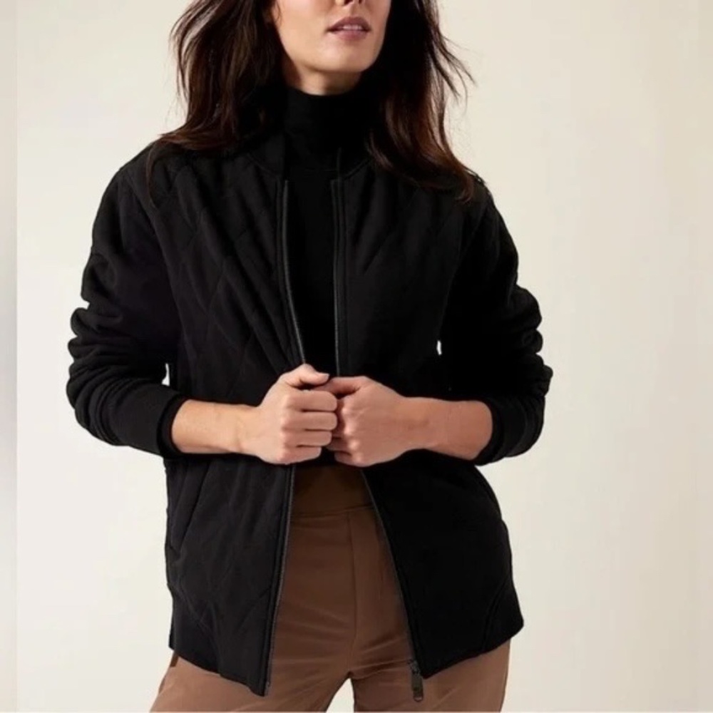 Athleta Black Retroplush Quilted Bomber Jacket Coat LT